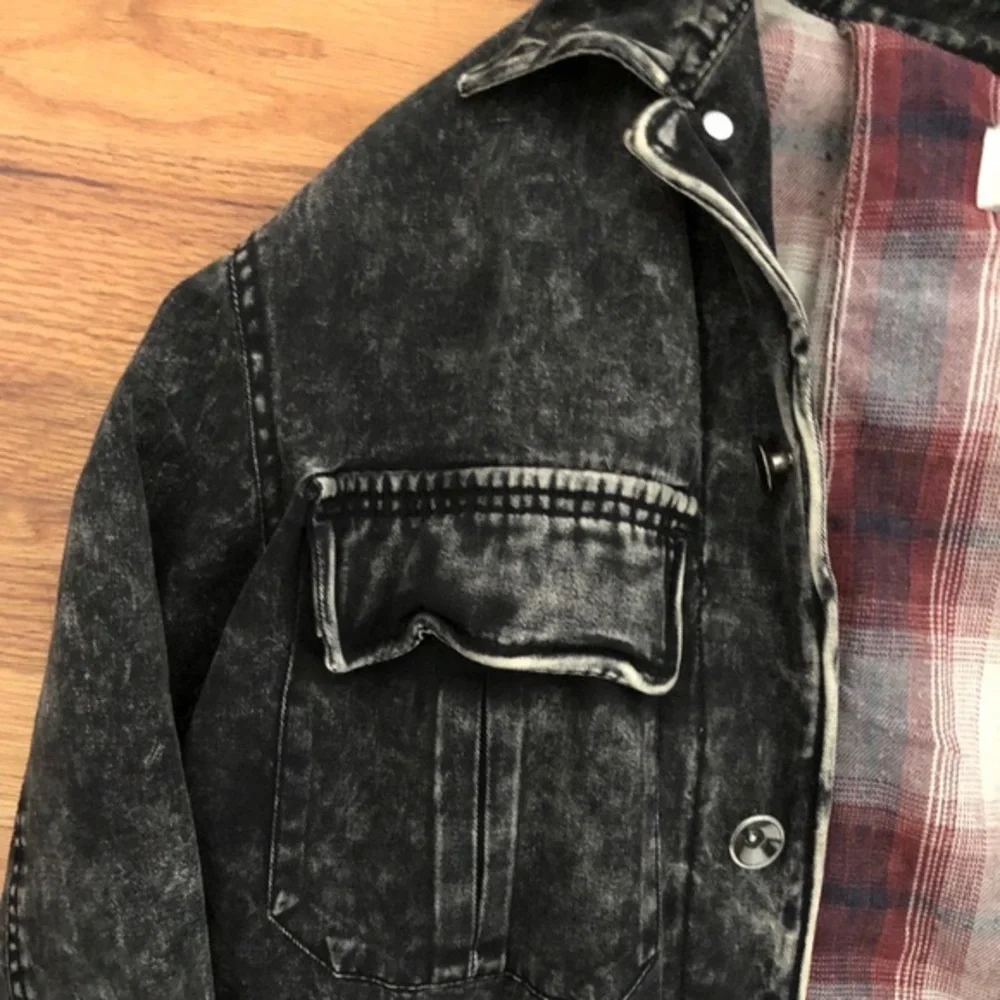 Vintage Havana Acid Wash Denim Jacket Small Black Flannel Lined Lace Up